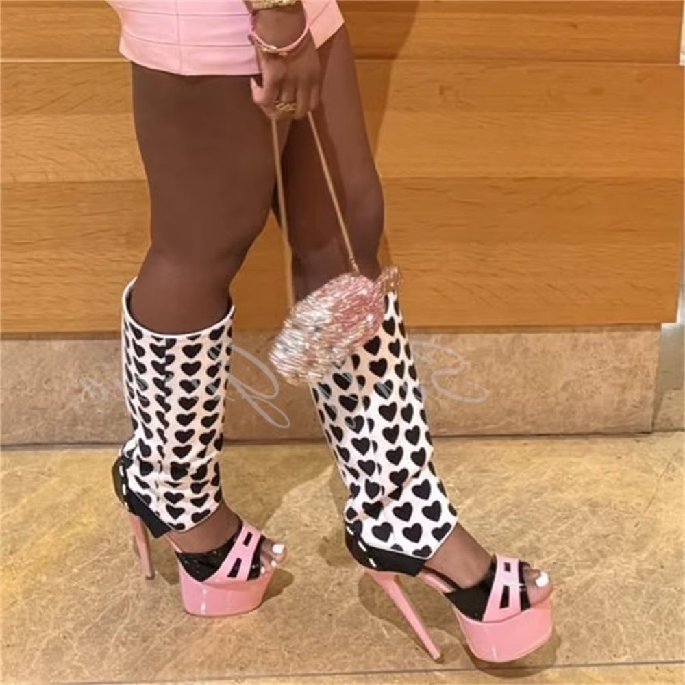 High Knee Heel Boots - Girl Pink Heart Decor Knee High