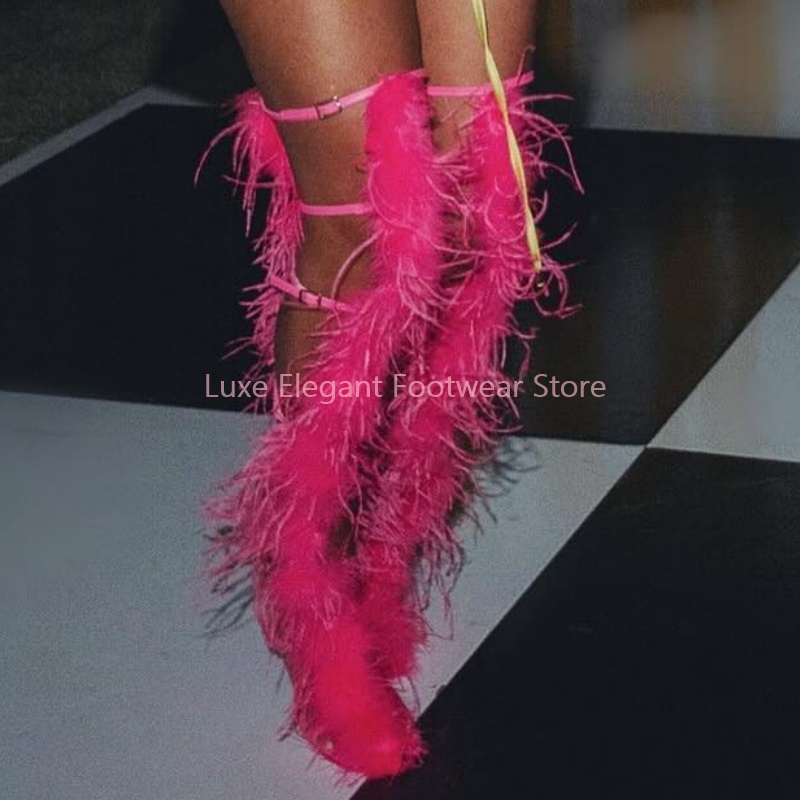 Pink Feather Strappy Hollow Bu - High Knee Heel Boots recension och pris