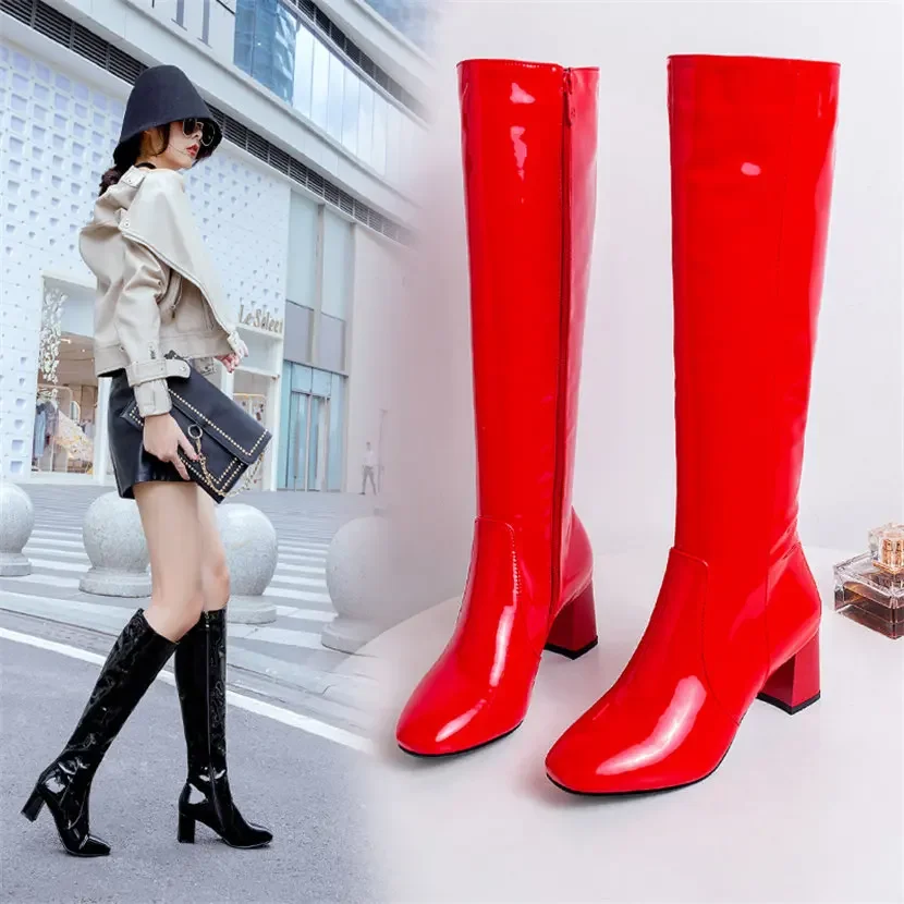 Red White Patent Leather Women - High Knee Heel Boots recension och pris